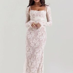 Vintage Lace Ruched Elegant Maxi Dress With Lace Sleeves